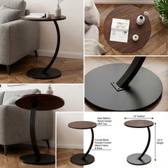 BAYTONA MX089 Modern Walnut Round Side Table with Curved Black Metal Frame