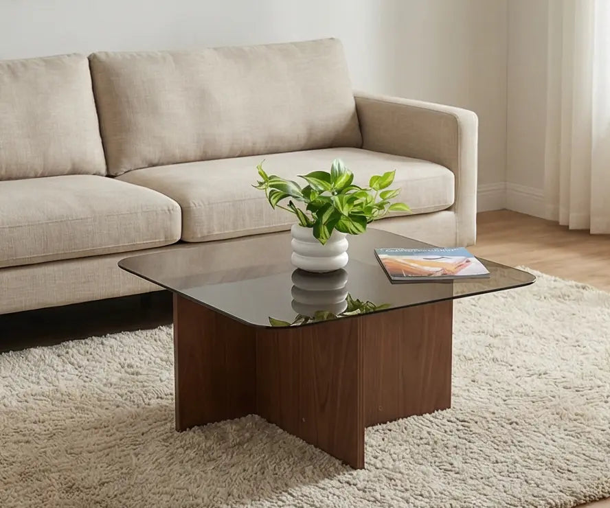 BAYTONA MX129 Modern Tempered Glass Coffee Table with Wood Cross Base – Square Rounded Design Baytona