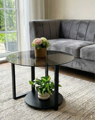 BAYTONA MX131 Modern Round Smoked-Glass Coffee Table with Storage Shelf – Black Metal Base Baytona