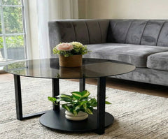 BAYTONA MX131 Modern Round Smoked-Glass Coffee Table with Storage Shelf – Black Metal Base Baytona