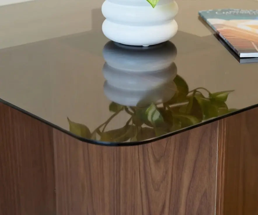 BAYTONA MX129 Modern Tempered Glass Coffee Table with Wood Cross Base – Square Rounded Design Baytona