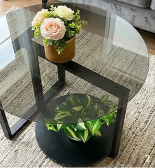 BAYTONA MX131 Modern Round Smoked-Glass Coffee Table with Storage Shelf – Black Metal Base Baytona