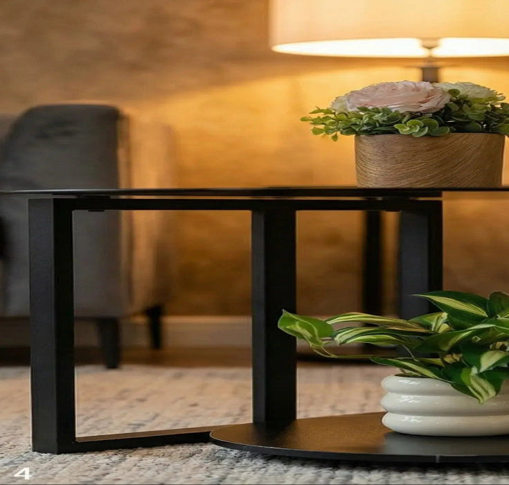 BAYTONA MX131 Modern Round Smoked-Glass Coffee Table with Storage Shelf – Black Metal Base Baytona