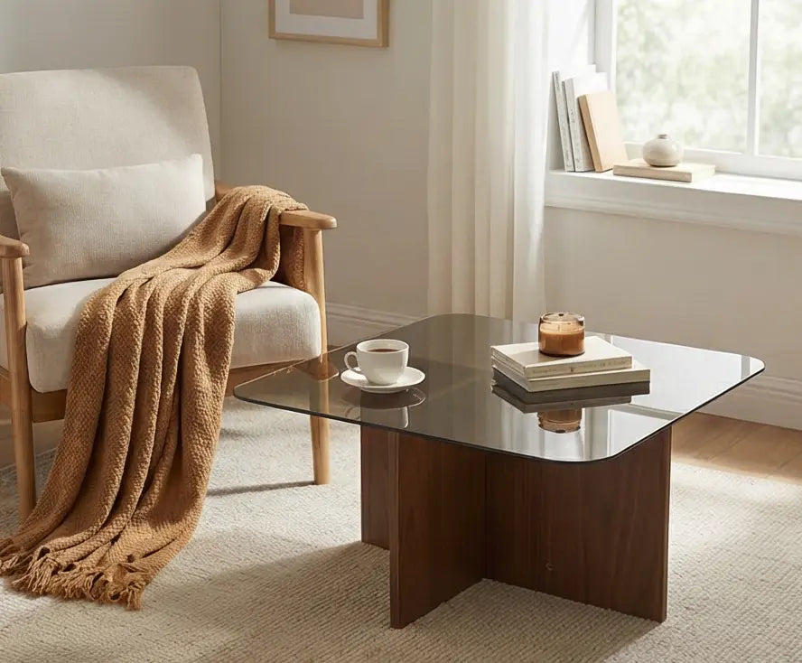 BAYTONA MX129 Modern Tempered Glass Coffee Table with Wood Cross Base – Square Rounded Design Baytona