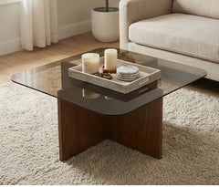 BAYTONA MX129 Modern Tempered Glass Coffee Table with Wood Cross Base – Square Rounded Design Baytona