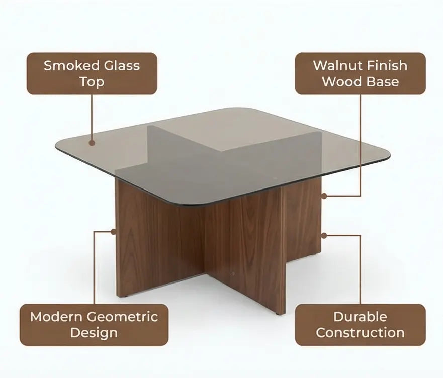 BAYTONA MX129 Modern Tempered Glass Coffee Table with Wood Cross Base – Square Rounded Design Baytona