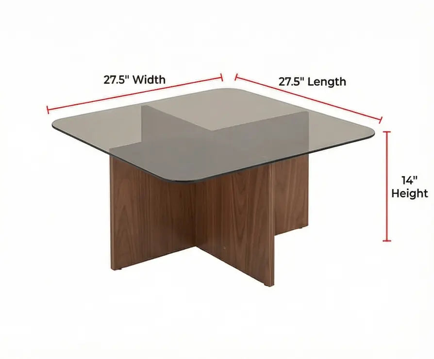 BAYTONA MX129 Modern Tempered Glass Coffee Table with Wood Cross Base – Square Rounded Design Baytona