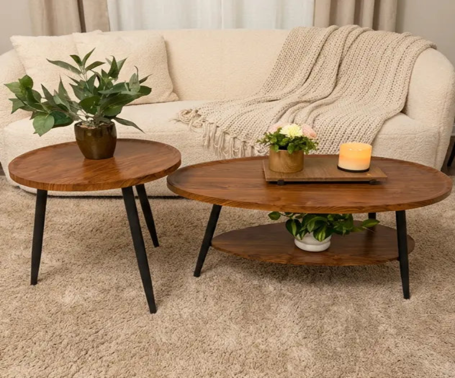 BAYTONA MX127 Modern 2-Piece Walnut Finish Coffee Table Set – Nesting Oval & Round Tables with Storage Shelf Baytona