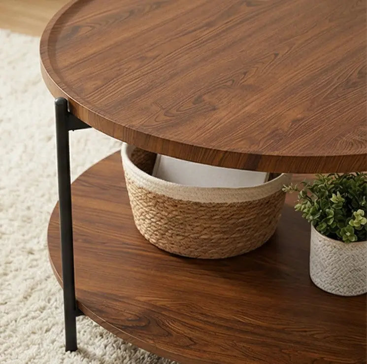 Wooden side table with a woven basket and plant on a light-colored carpet