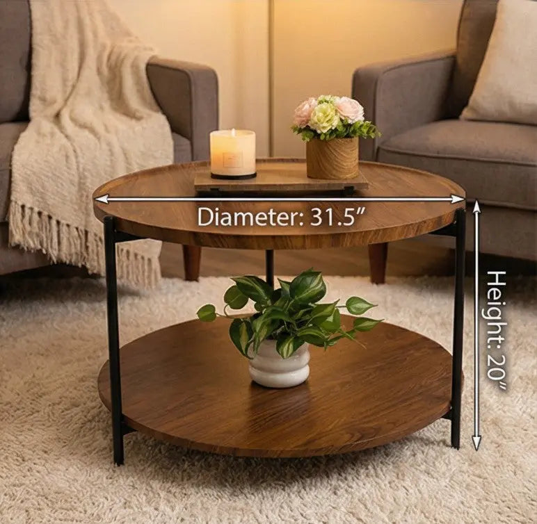 Wooden coffee table with measurements in a living room setting