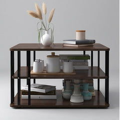 BAYTONA MX107 Three-Tier Dark Walnut Side Table with Black Metal Frame – Multi-Level Storage Organizer