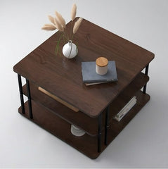 BAYTONA MX107 Three-Tier Dark Walnut Side Table with Black Metal Frame – Multi-Level Storage Organizer