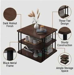 BAYTONA MX107 Three-Tier Dark Walnut Side Table with Black Metal Frame – Multi-Level Storage Organizer