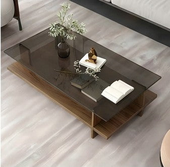 BAYTONA MX150 Modern Tempered Glass Coffee Table with Solid Wood Base & Storage Shelf