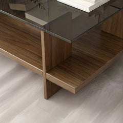 BAYTONA MX150 Modern Tempered Glass Coffee Table with Solid Wood Base & Storage Shelf