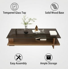 BAYTONA MX150 Modern Tempered Glass Coffee Table with Solid Wood Base & Storage Shelf