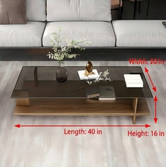 BAYTONA MX150 Modern Tempered Glass Coffee Table with Solid Wood Base & Storage Shelf