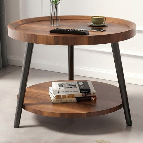 BAYTONA MX092 Round Walnut Two-Tier Side Table with Tray Top & Metal Frame
