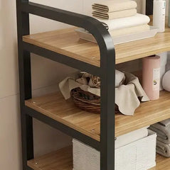 BAYTONA MX097 4-Tier Bathroom Storage Shelf with Towel Rack – Metal Frame & Wood Shelves Baytona